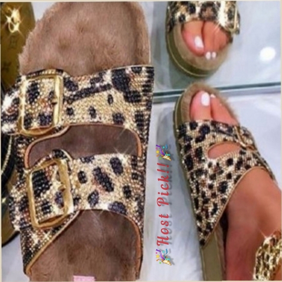 Bella Marie Shoes - Leopard Shimmer Slides rhinestone faux fur comfy cute Size 9 Tan Black Gold